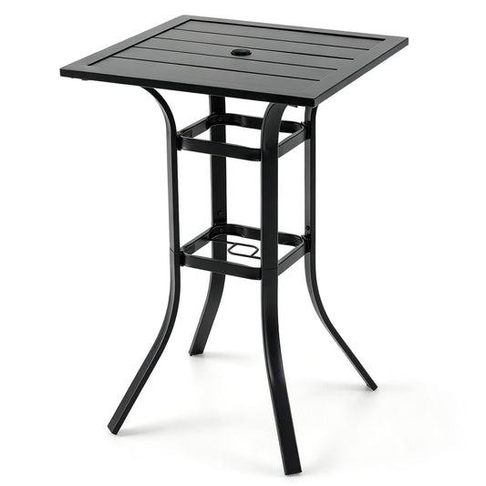 Black 25-inch square patio dining table with metal frame and 1.57-inch umbrella hole for outdoor patio dining.