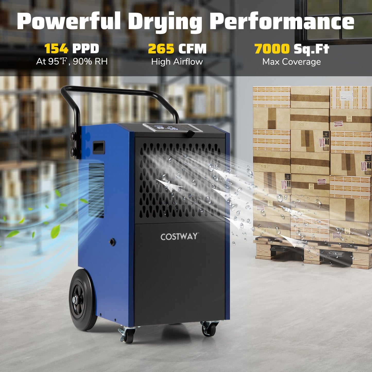 154 Pints Commercial Dehumidifier with Pump and Drain Hoses-Blue