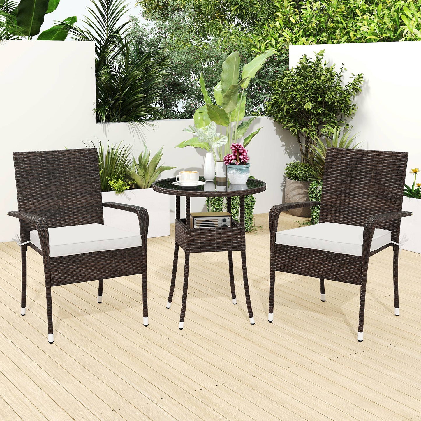 3-Piece Patio Furniture Set PE Rattan Wicker Chairs with Tempered Glass Top Table-White
