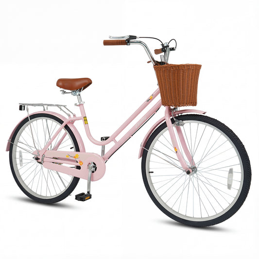 26 Inch Beach Cruiser Bike for Women with Woven Basket and Rear Rack - Pink