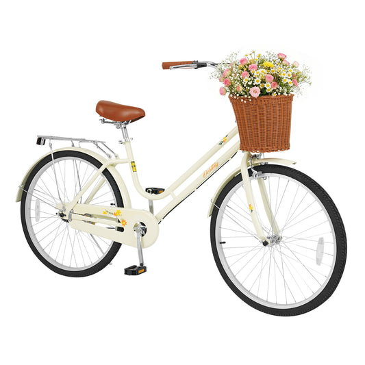 26-inch beige women's beach cruiser bike with woven basket and rear rack, perfect for casual riding and outdoor fun.