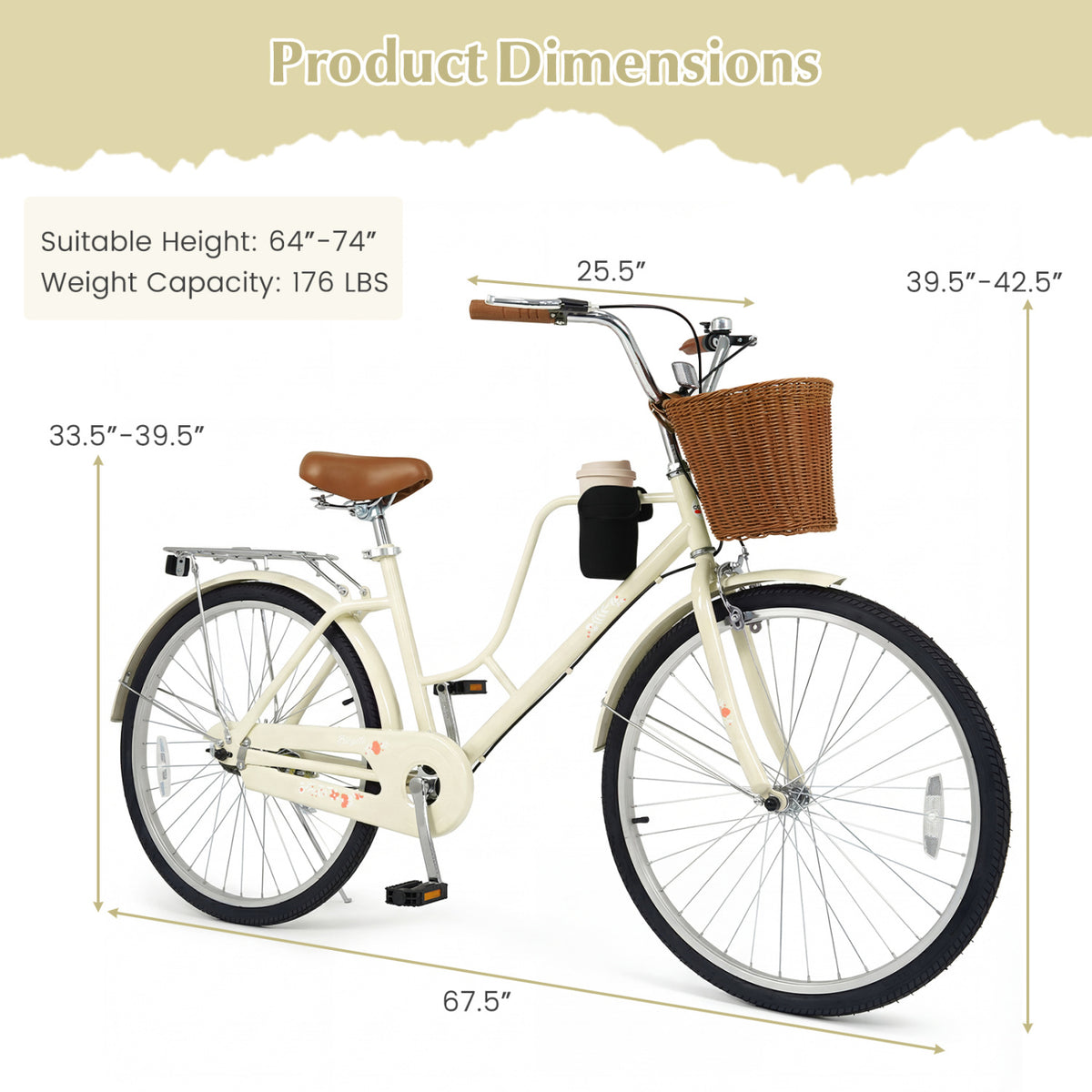 26-Inch Beach Cruiser Bike with Cup Holder and Woven Basket - Beige