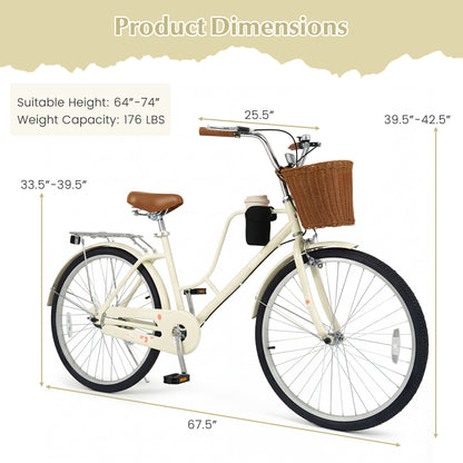 26-Inch Beach Cruiser Bike with Cup Holder and Woven Basket - Beige