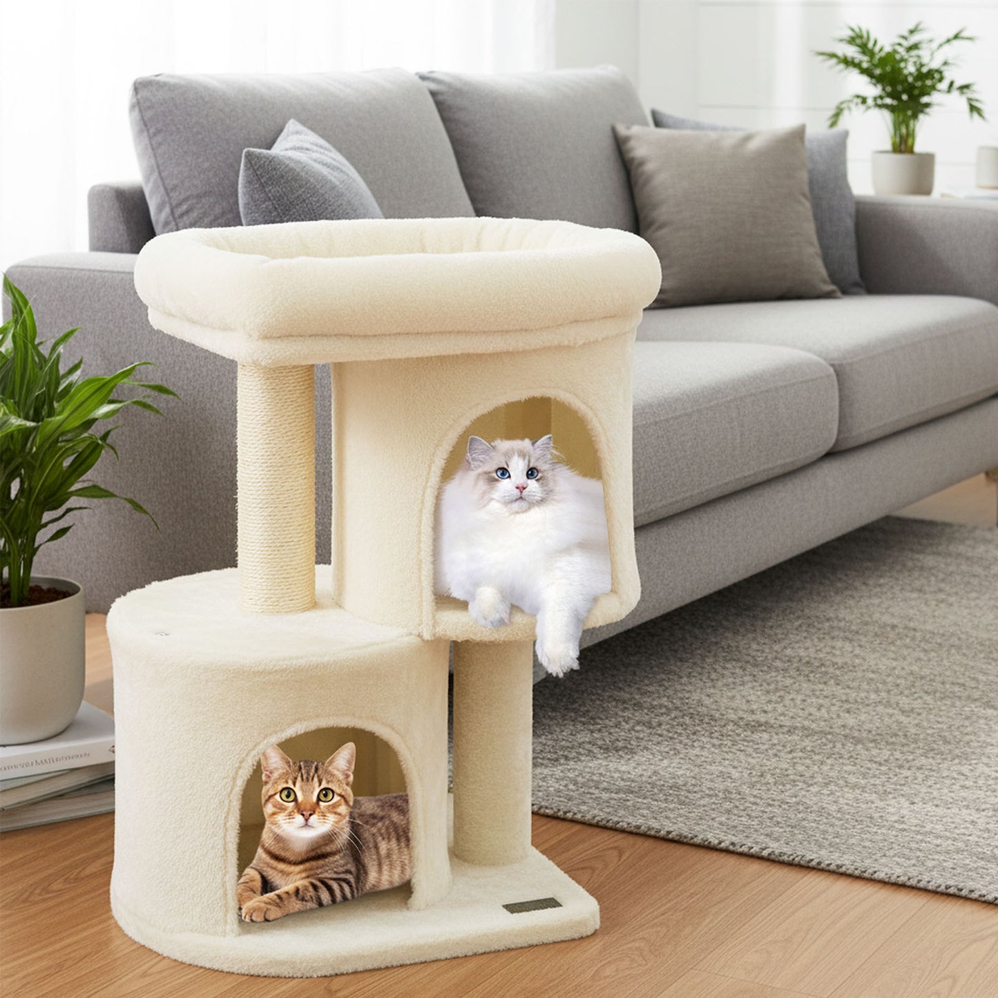 26 Inch Cat Tower with Large Padded Push Perch and Dual Condos-Beige