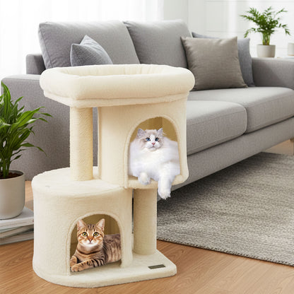 26 Inch Cat Tower with Large Padded Push Perch and Dual Condos-Beige