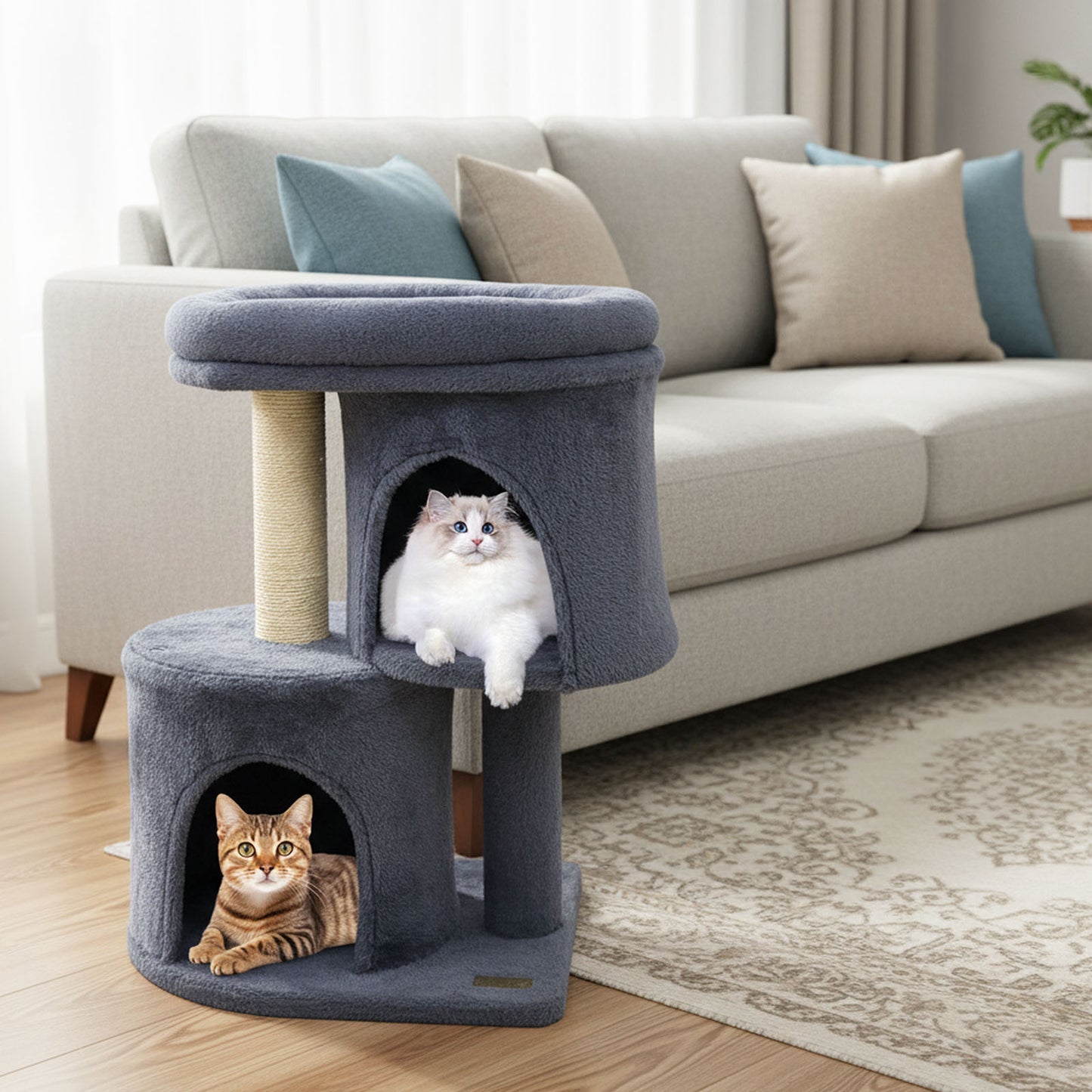 26 Inch Cat Tower with Large Padded Push Perch and Dual Condos-Beige