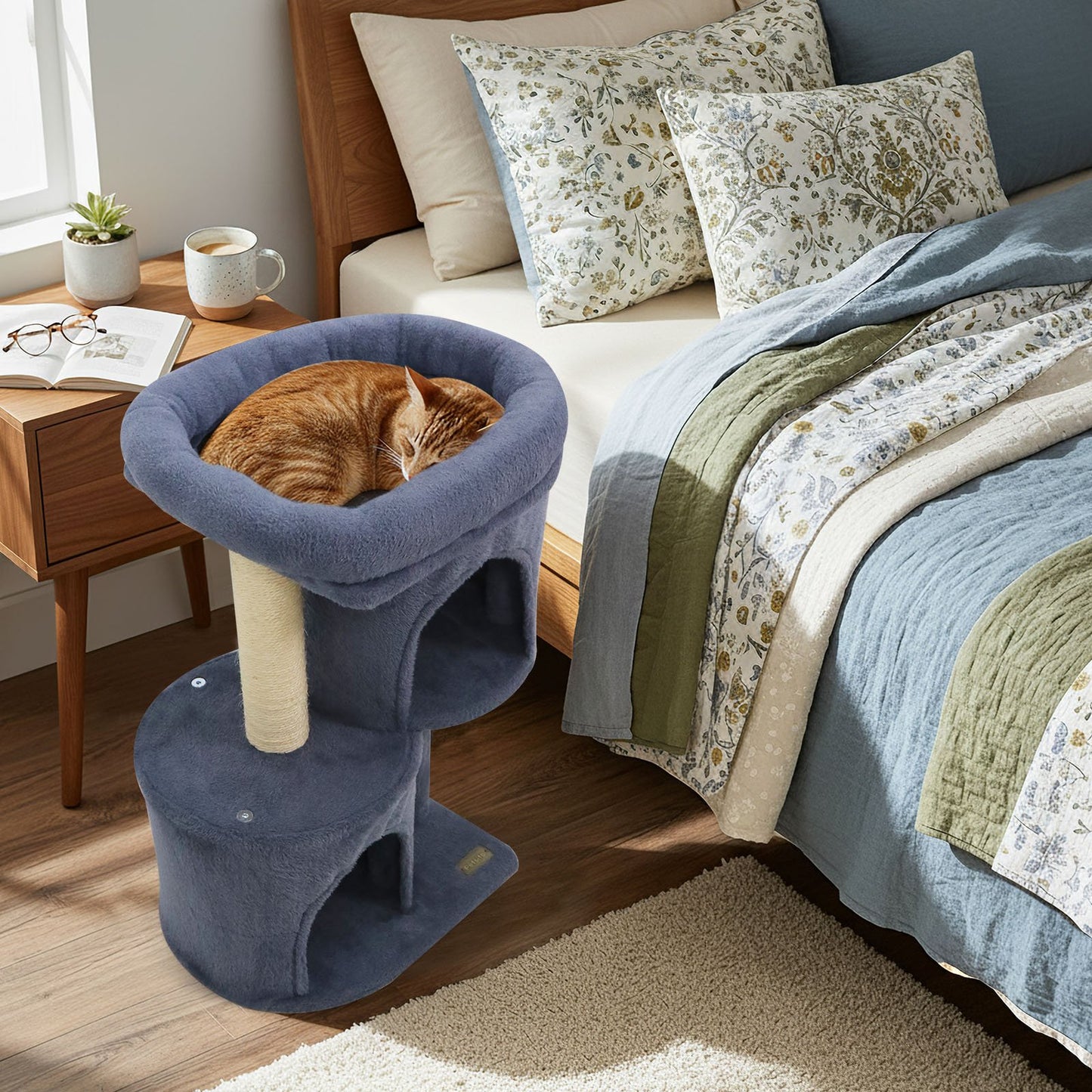26 Inch Cat Tower with Large Padded Push Perch and Dual Condos-Beige