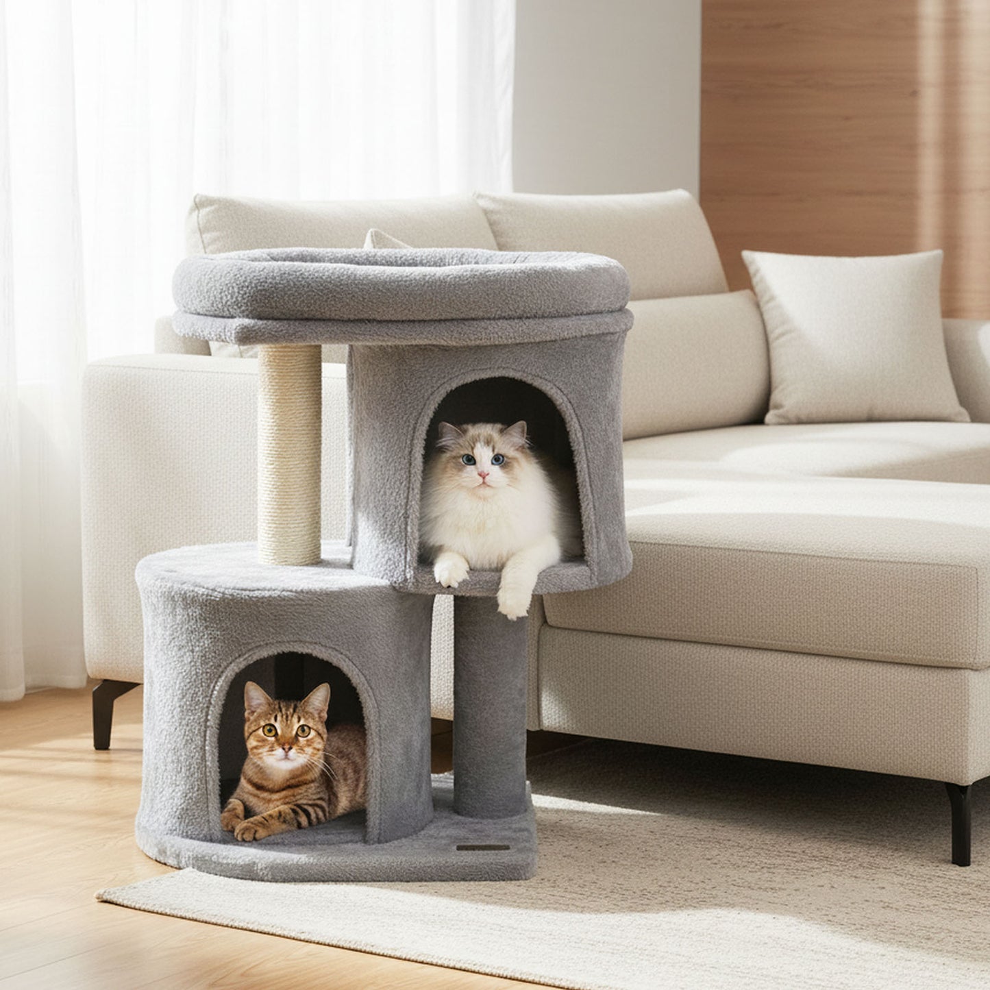 26 Inch Cat Tower with Large Padded Push Perch and Dual Condos-Beige