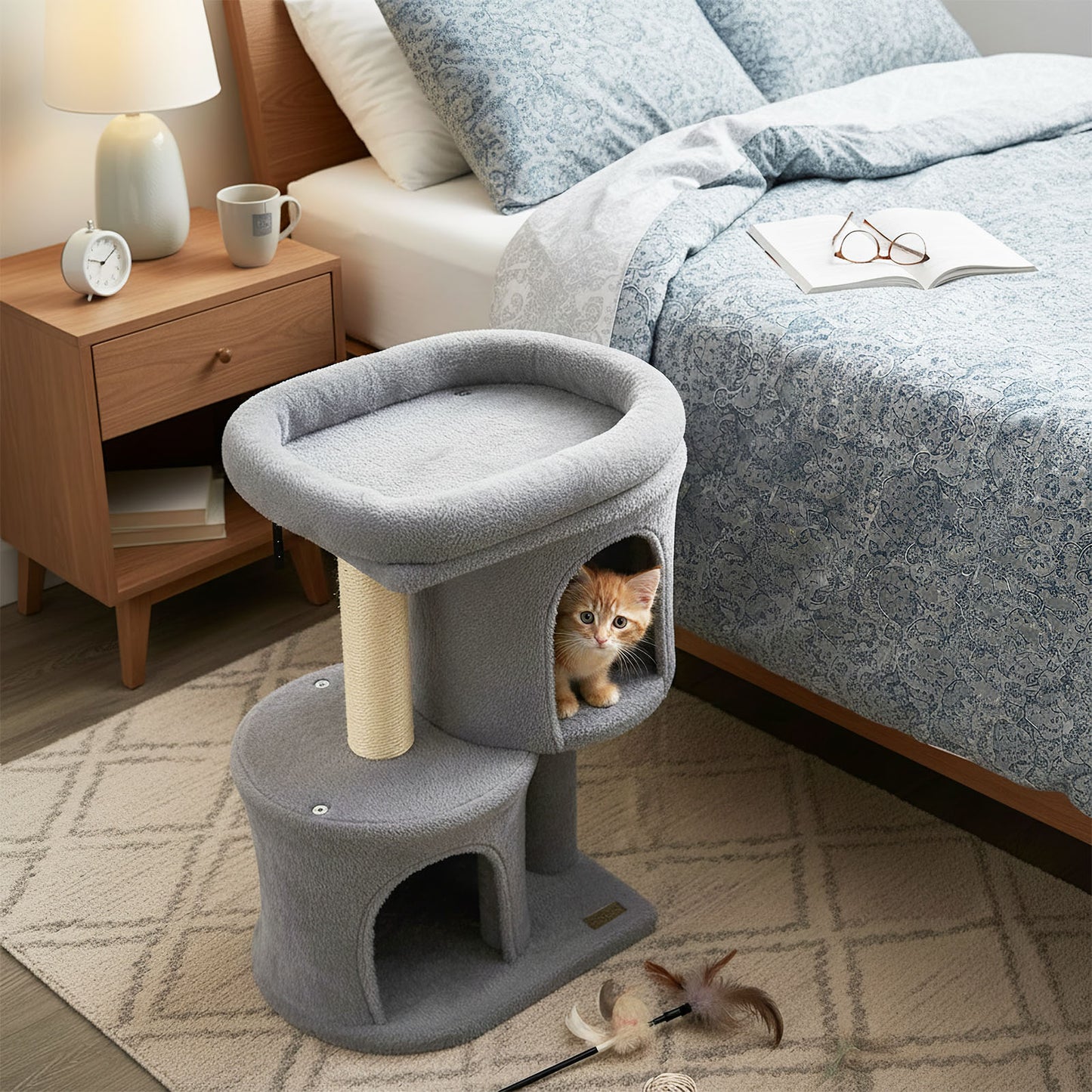26 Inch Cat Tower with Large Padded Push Perch and Dual Condos-Beige