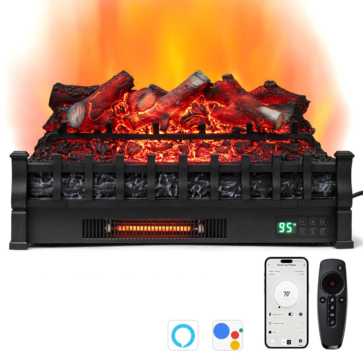 26 Inch WiFi Infrared Quartz Electric Fireplace Insert Logs Heater with Realistic Lemonwood Logs-Black