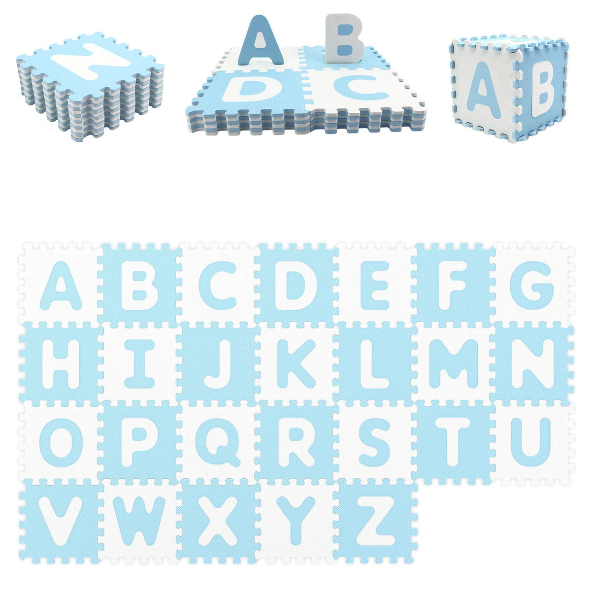 Blue 26-piece interlocking ABC play mats with detachable letters for baby and kids, soft foam gym flooring.
