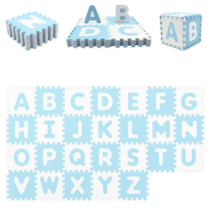 Blue 26-piece interlocking ABC play mats with detachable letters for baby and kids, soft foam gym flooring.