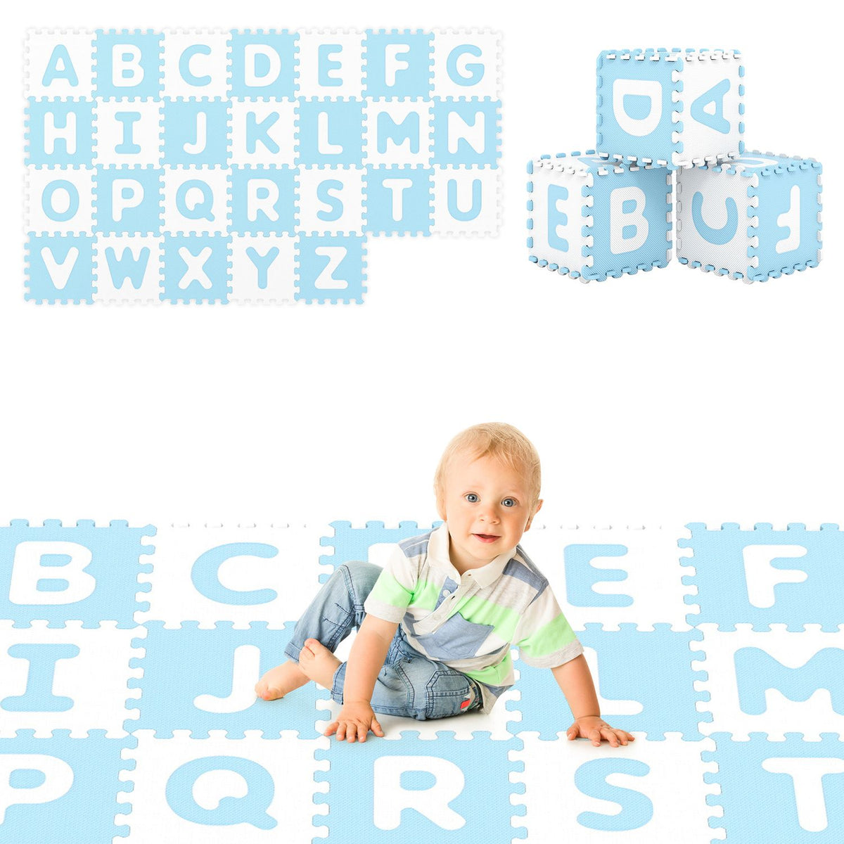 Blue 26-piece interlocking ABC play mats with detachable letters for babies and kids, soft foam flooring for play and learning.