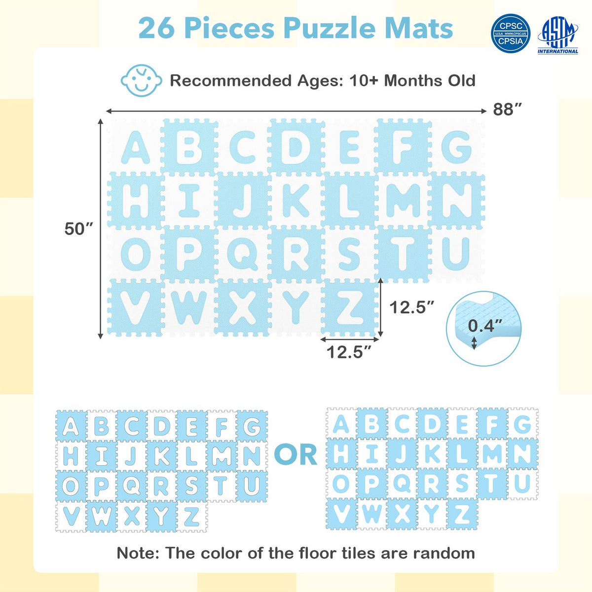 Blue 26-piece interlocking ABC play mats with detachable letters, designed for babies and kids' play areas.