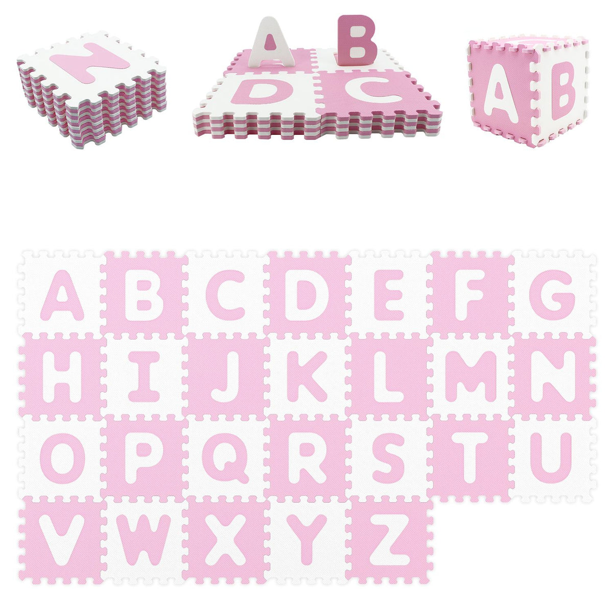 Blue 26-piece interlocking ABC play mats with detachable letters for baby and kids' play area, featuring colorful alphabet design.