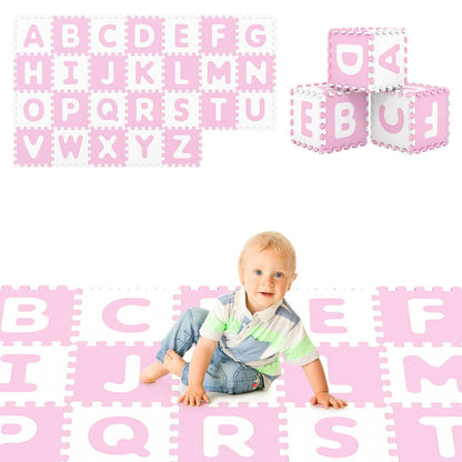 Blue 26-piece interlocking ABC play mats with detachable letters for babies and kids, perfect for play area or baby gym.