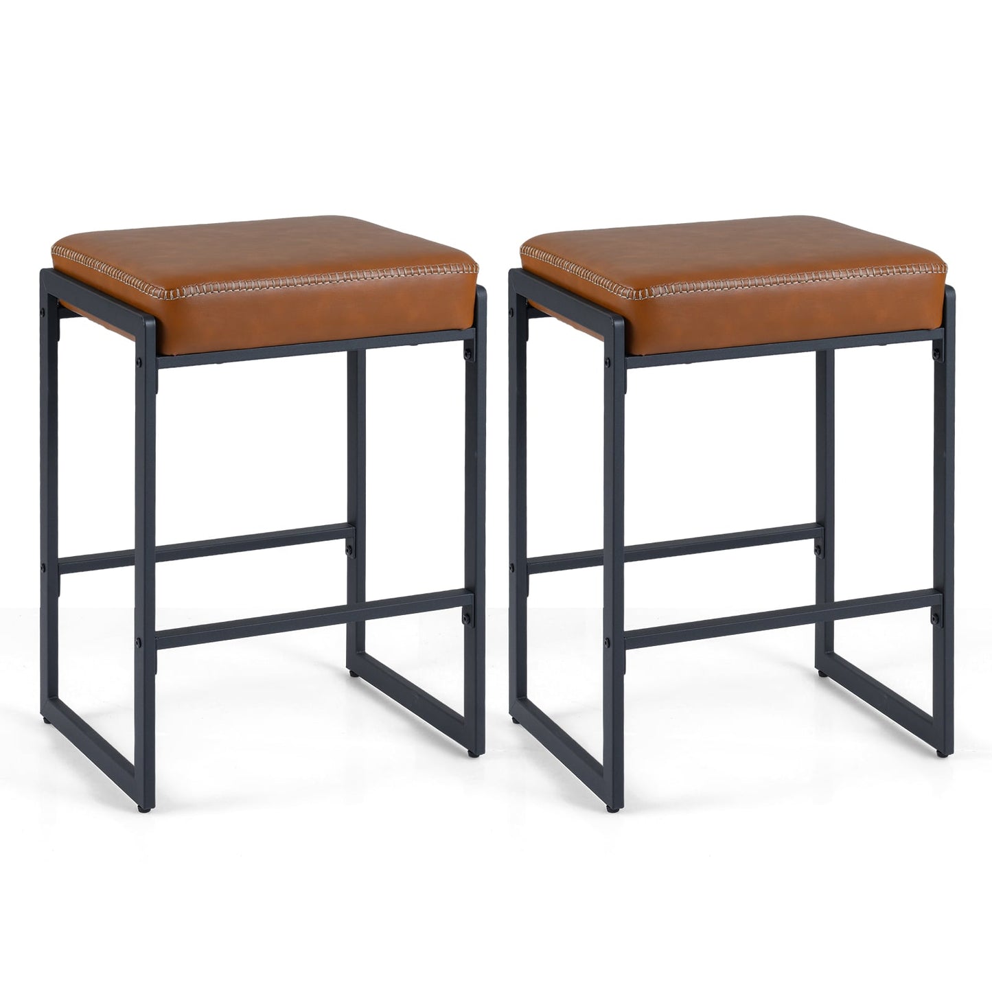 26 inch Bar Stools Set of 2 Counter Height Barstools with Faux Leather Upholstered Seat-Brown
