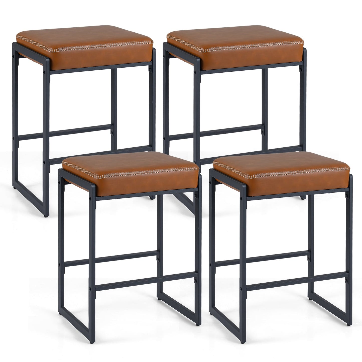 26 inch Bar Stools Set of 4 Counter Height Barstools with Faux Leather Upholstered Seat-Brown