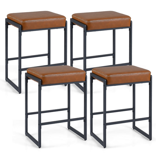 26 inch Bar Stools Set of 4 Counter Height Barstools with Faux Leather Upholstered Seat-Brown