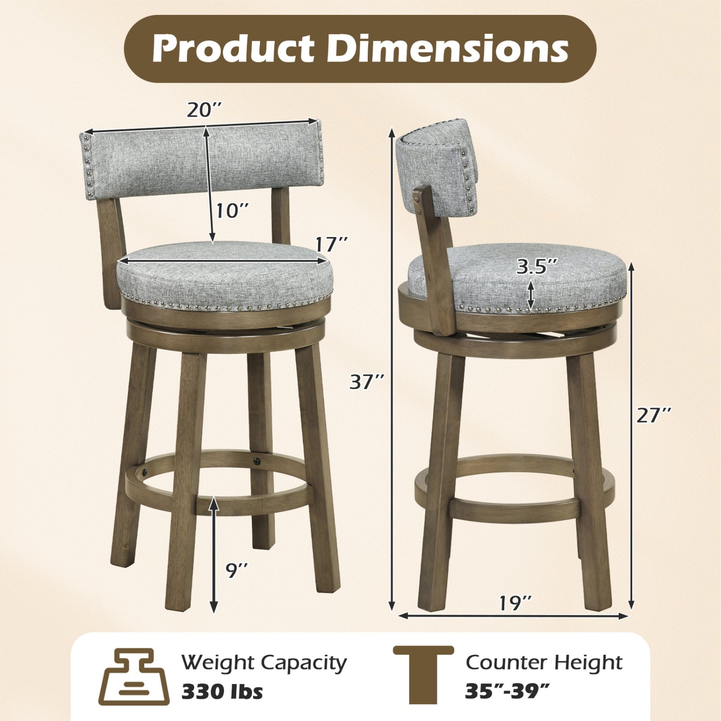 27/31 Inch Swivel Bar Stool with Upholstered Back Seat and Footrest-31 inches