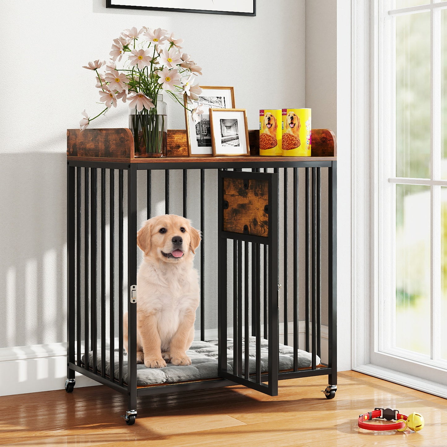 27.5 Inch Dog Crate Furniture with Wheels for Small Dogs and Puppies-Rustic Brown