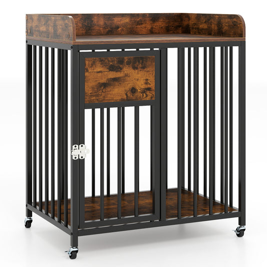 27.5 Inch Dog Crate Furniture with Wheels for Small Dogs and Puppies-Rustic Brown