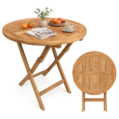 27.5-inch outdoor folding dining table with slatted tabletop and reinforced crossbars, ideal for outdoor kitchen and dining spaces.