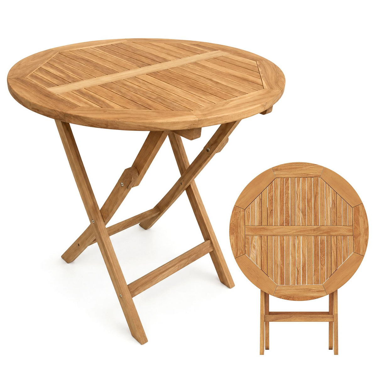 27.5-inch outdoor folding dining table with slatted top and reinforced crossbars, designed for four people, by Wilsons Home Store.