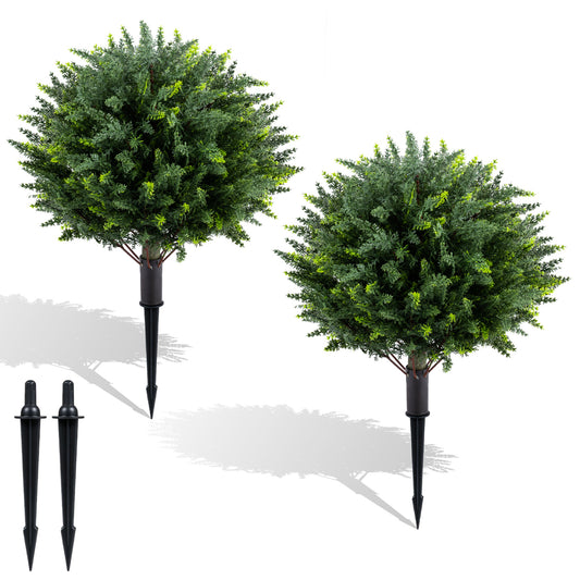 Pair of 27.5-inch artificial cypress topiary trees with ground spikes, ideal for home decor and faux plant arrangements.