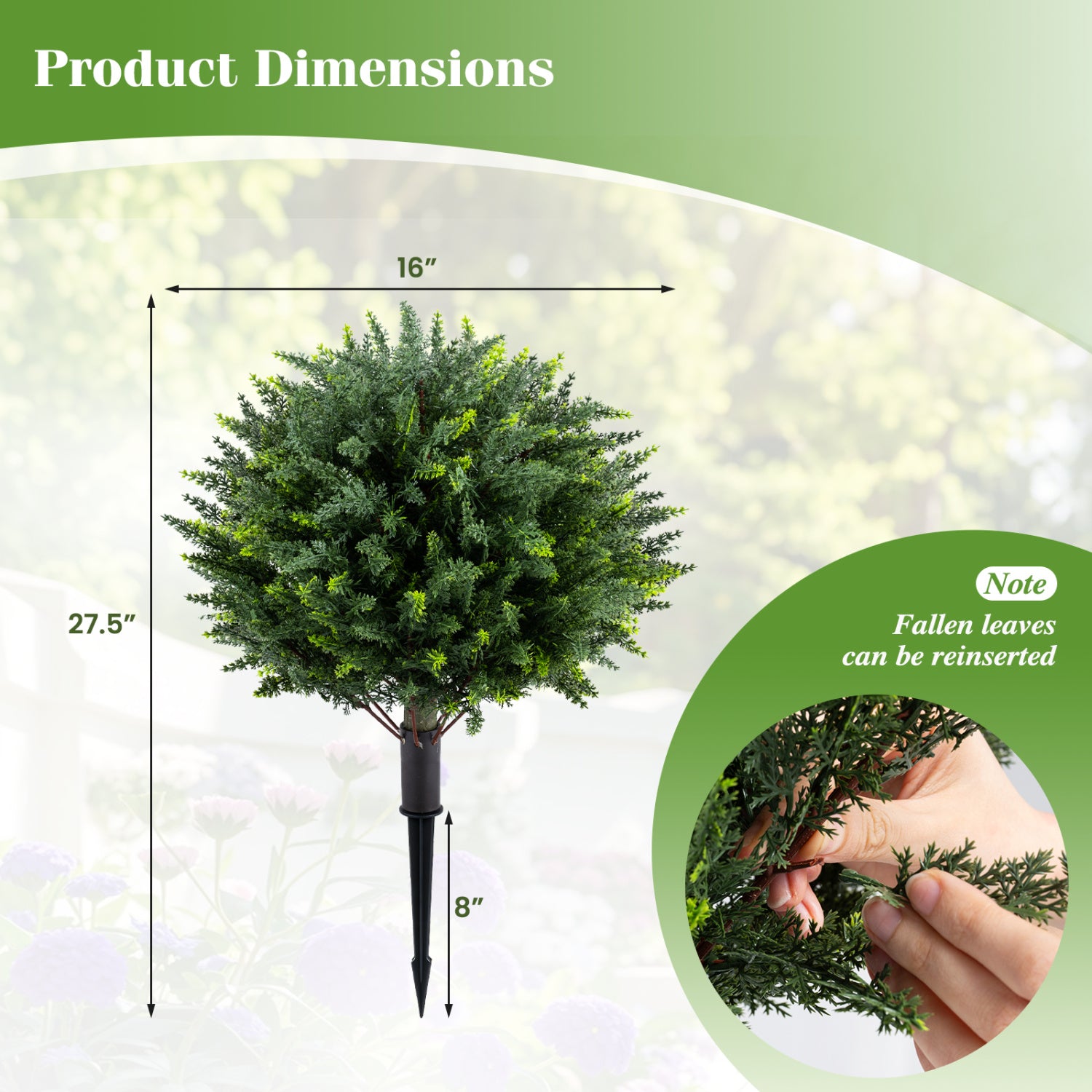 Pair of 27.5-inch artificial cypress topiary trees with ground spikes, ideal for home decor and faux plant accents.