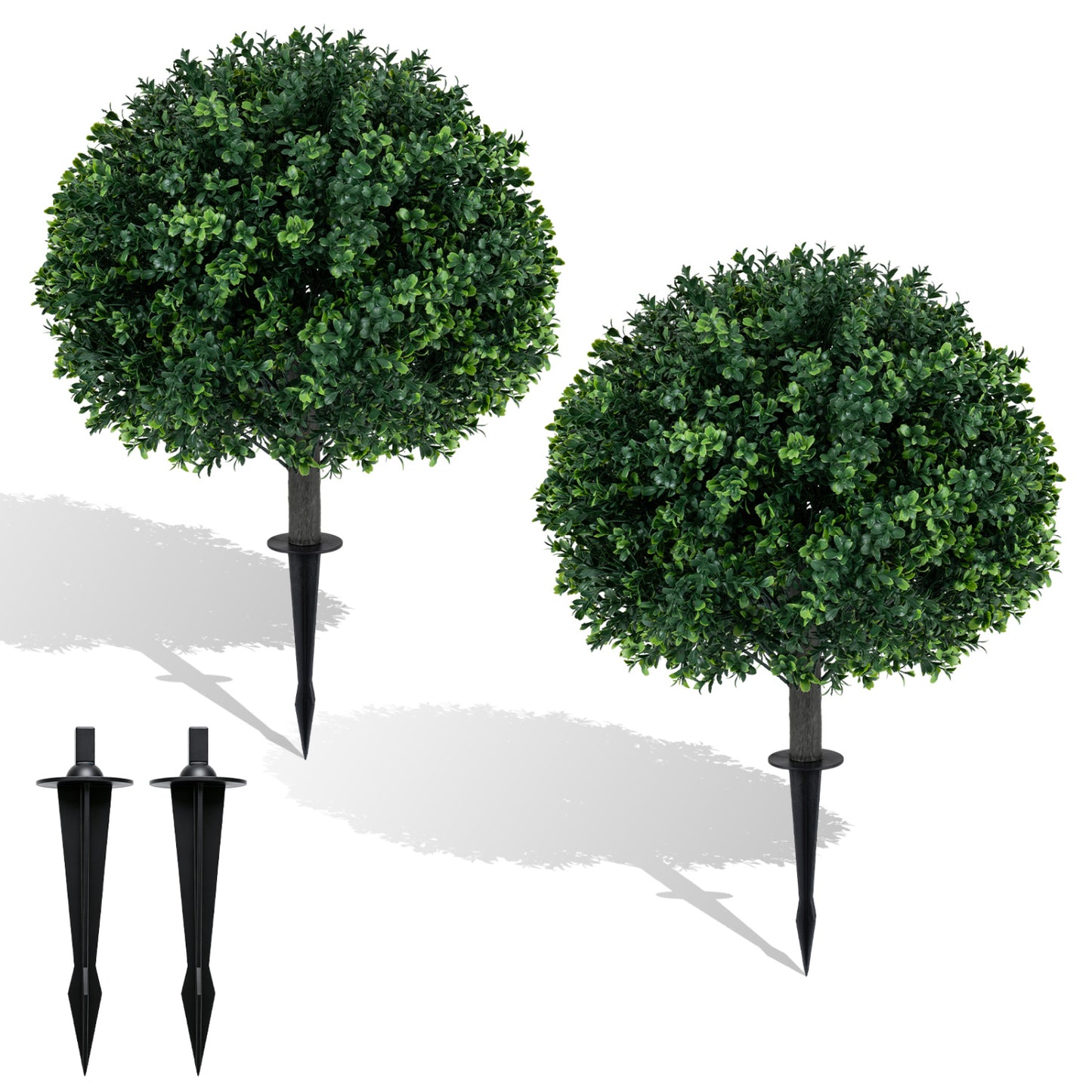 27" Artificial Boxwood Topiary Trees Set of 2 with Ground Spikes for Porch Patio