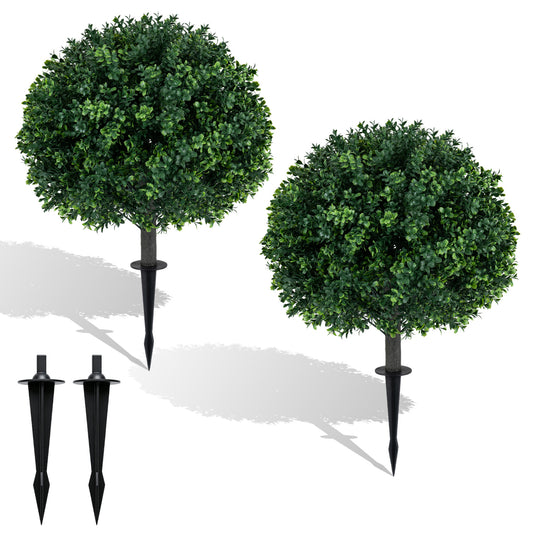 Set of 2 27-inch artificial boxwood topiary trees with ground spikes, ideal for porch or patio decor, by Wilsons Home Store.