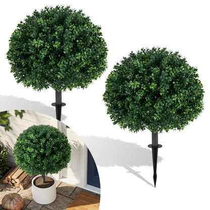 27" Artificial Boxwood Topiary Trees Set of 2 with Ground Spikes for Porch Patio