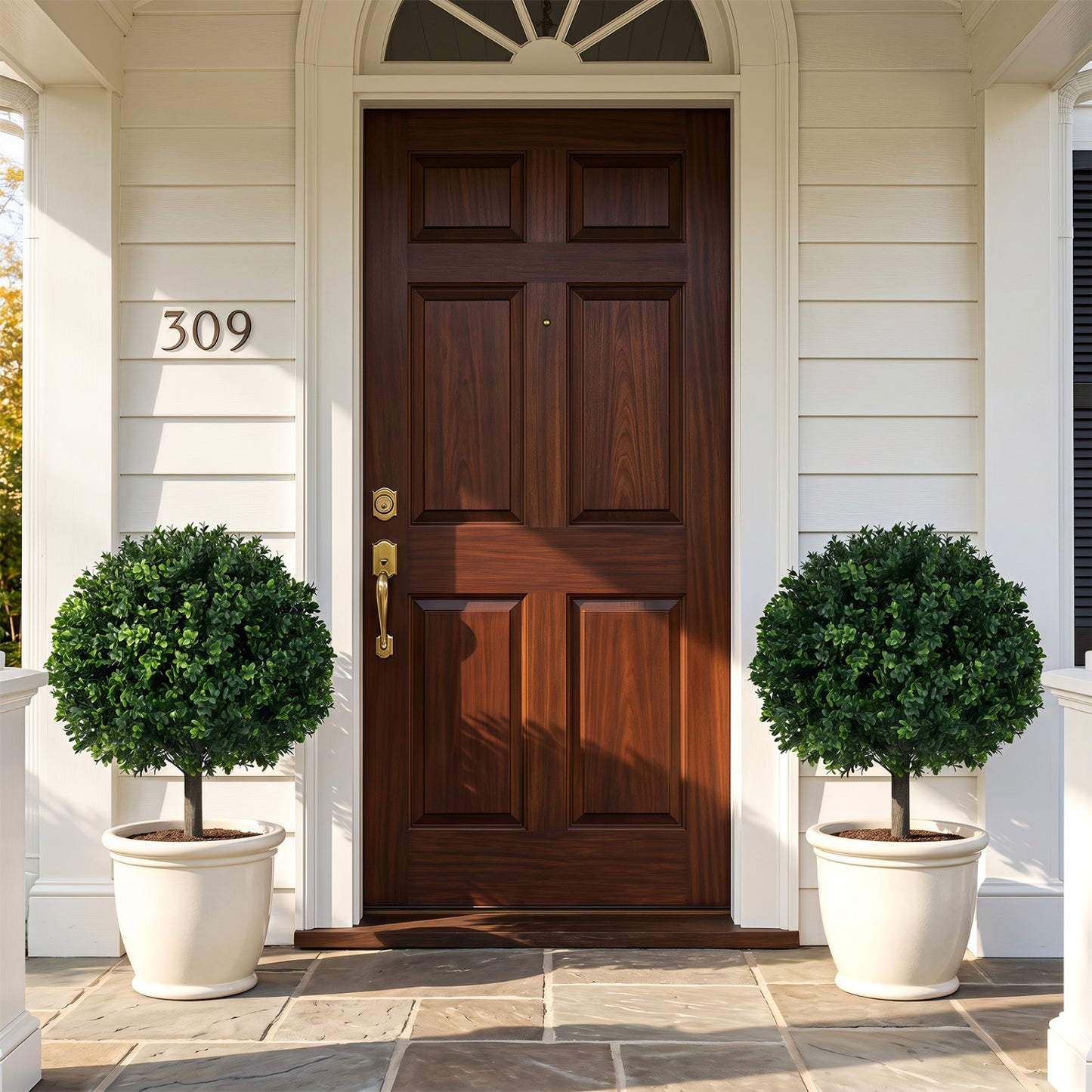 27" Artificial Boxwood Topiary Trees Set of 2 with Ground Spikes for Porch Patio