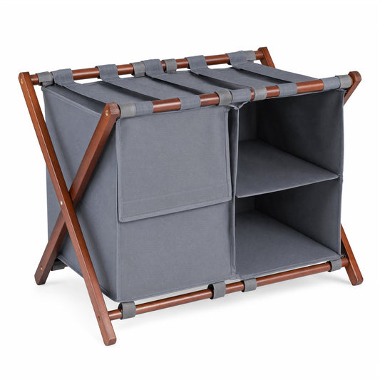 Walnut and grey 27-inch bamboo luggage rack with five nylon straps and storage compartments for guest rooms.