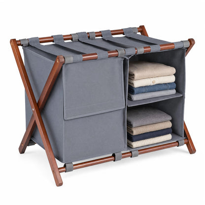 27" Bamboo Luggage Rack with 5 Nylon Straps and Compartments for Guest Room Hotel-Walnut & Grey