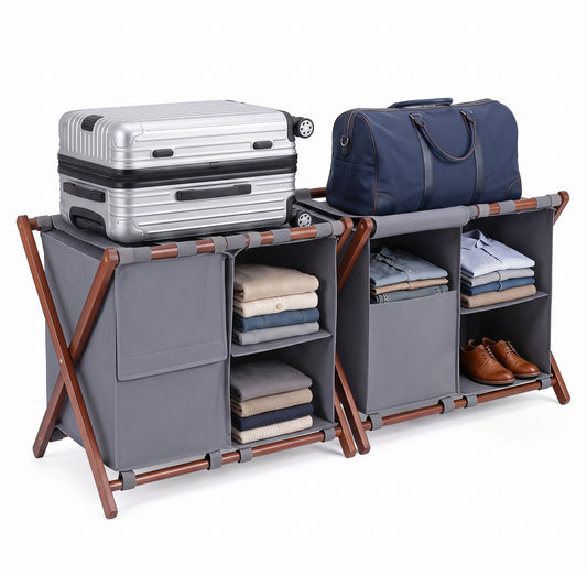 Pair of 27-inch bamboo luggage racks with nylon straps and storage compartments, in walnut and gray finishes, designed for hotel entryways.