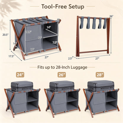 27" Bamboo Luggage Rack Set of 2 with 5 Nylon Straps and Compartments for Hotel-Walnut & Gray