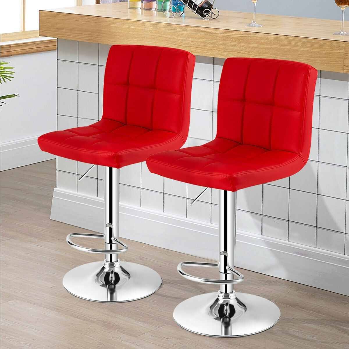 Set of 2 Square Swivel Adjustable PU Leather Bar Stools with Back and Footrest-Black