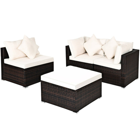 4 Pcs Ottoman Garden Deck Patio Rattan Wicker Furniture Set Cushioned Sofa-White