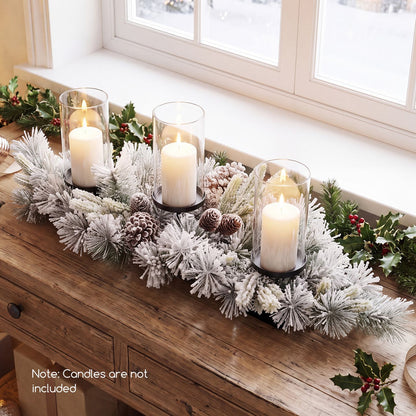 28" Foldable Christmas Centerpiece 3 Candle Holder Set of 1 with Pine Needles and 6 Natural Pine Cones