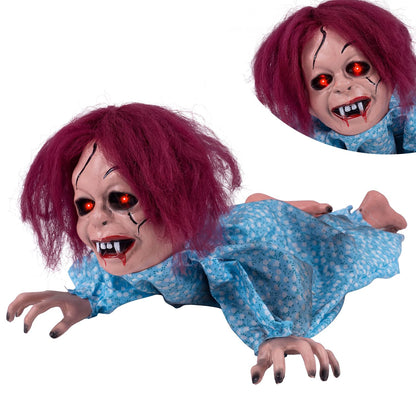 Horrifying 28-inch Halloween crawling girl decoration with spooky details, perfect for holiday spooky decor.