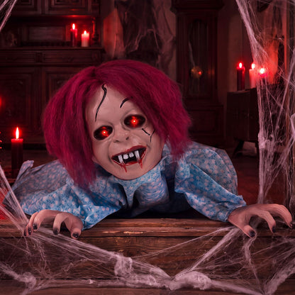 Spooky 28-inch Halloween Horrifying Crawling Girl decoration for haunted house or holiday decor.