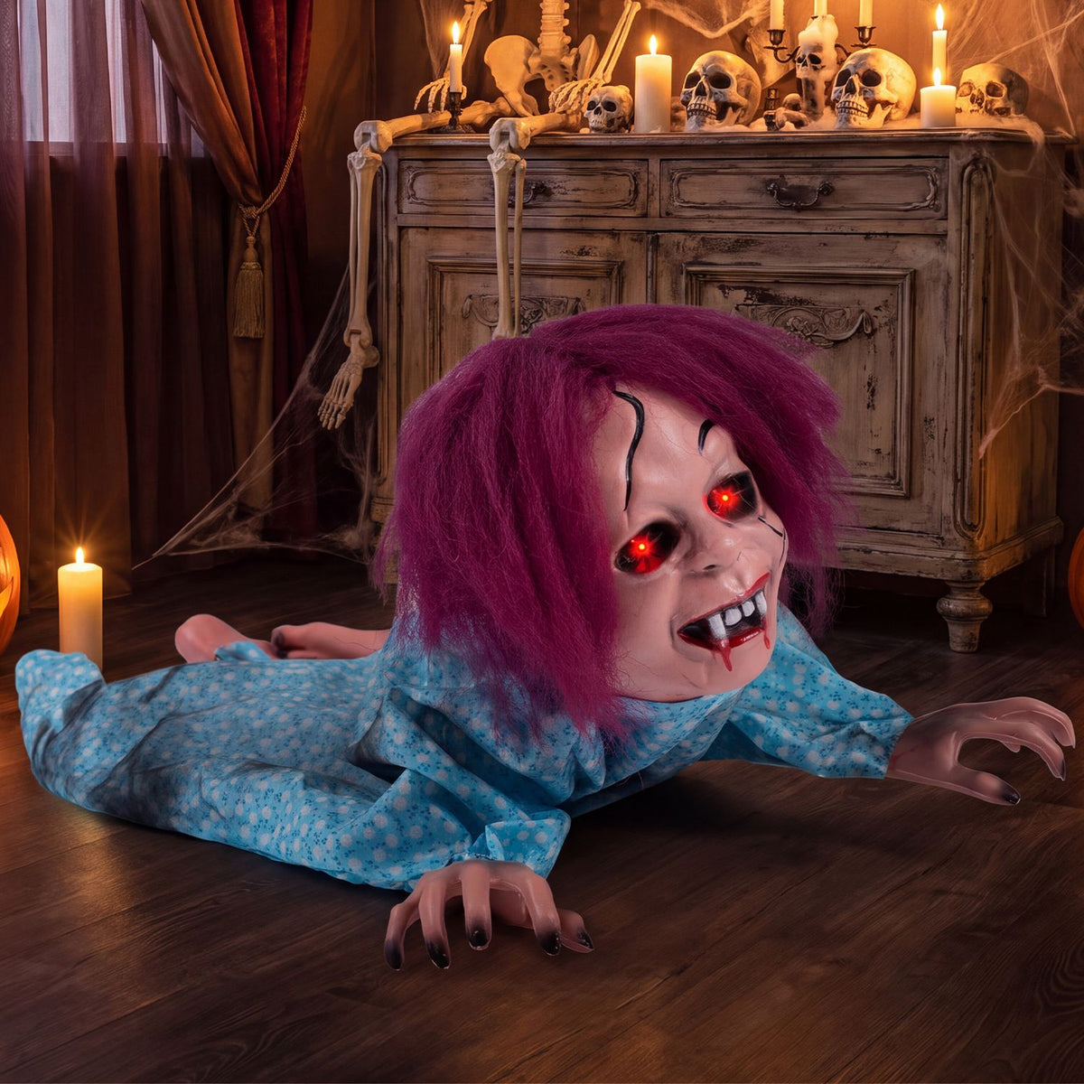 Creepy 28-inch Halloween Horrifying Crawling Girl decoration for spooky holiday decor, by Wilsons Home Store.