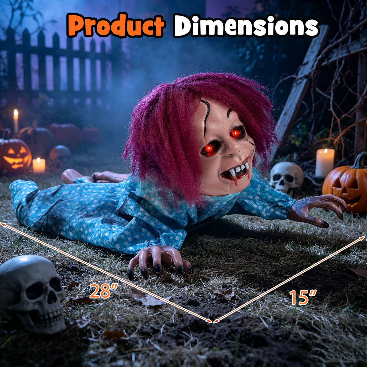 Horrifying 28-inch Halloween crawling girl decoration with creepy details, perfect for spooky holiday decor.