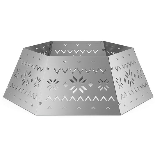 Silver 28-inch metal hexagonal Christmas tree collar with six-piece design, decorative holiday tree skirt for festive decoration