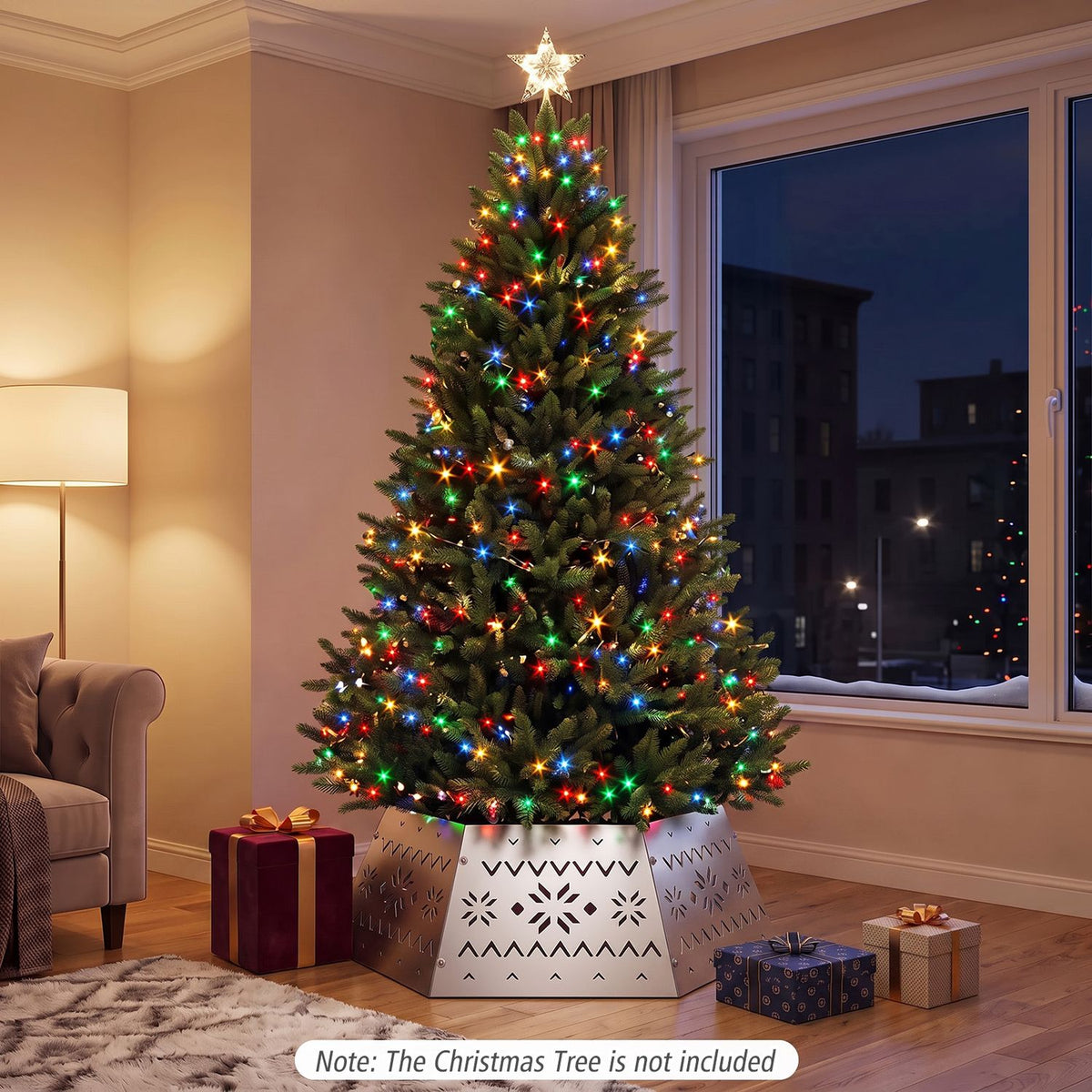 28 Inch Metal Hexagonal Christmas Tree Collar Silver 6-Piece Tree Skirt