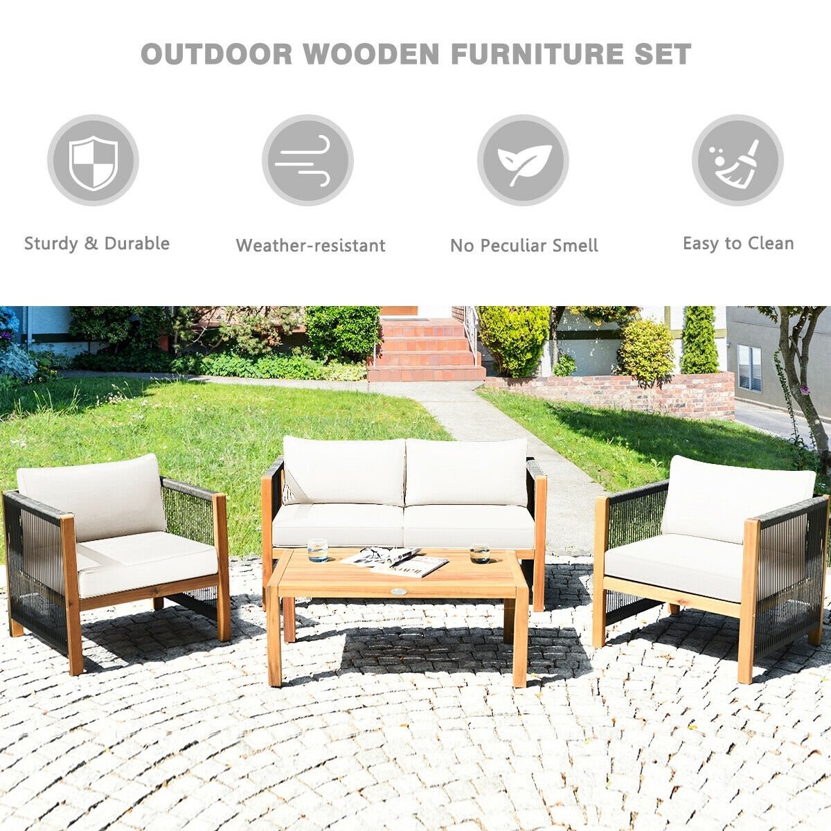 4 Pieces Acacia Wood Outdoor Patio Furniture Set