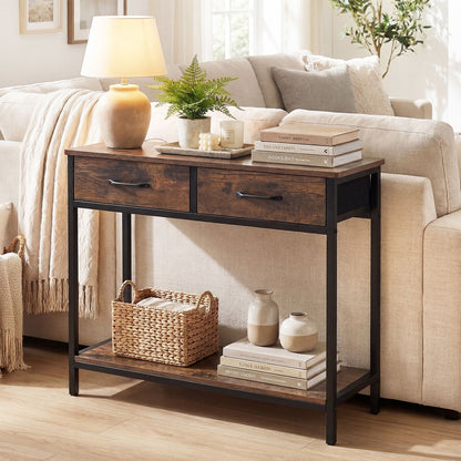 Rustic brown 29.5-inch narrow console table with two fabric drawers and open compartment, ideal for entryway decor.