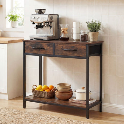 Rustic brown 29.5-inch narrow console table with two fabric drawers and open storage compartment, ideal for entryway decor.
